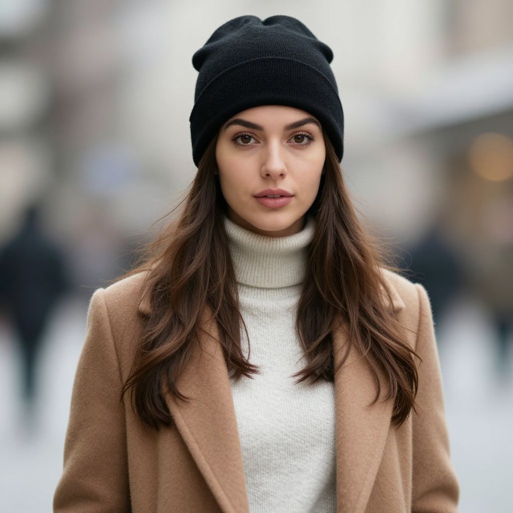 Young Woman in Black Beanie and Beige Coat Outdoor Portrait