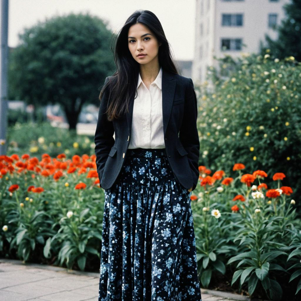 Confident Woman in Smart Casual Outfit in Vibrant Garden Confident Woman in Smart Casual Outfit in Vibrant Garden
