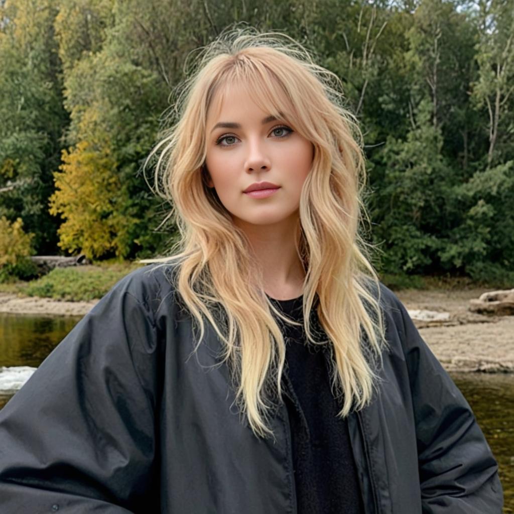 Serene blonde woman in natural backdrop, analog film aesthetic