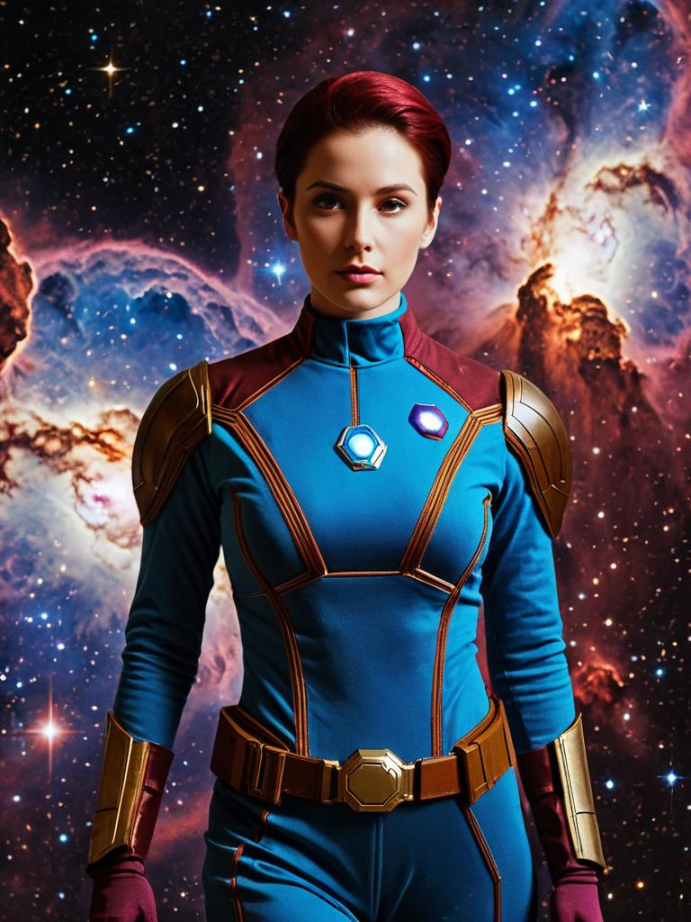 Woman in Realistic Nebula Cosplay Costume with Cosmic Background Woman in Realistic Nebula Cosplay Costume with Cosmic Background