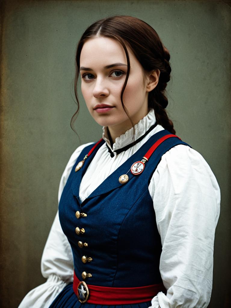 Woman in Historical Costume with Navy Blue Vest