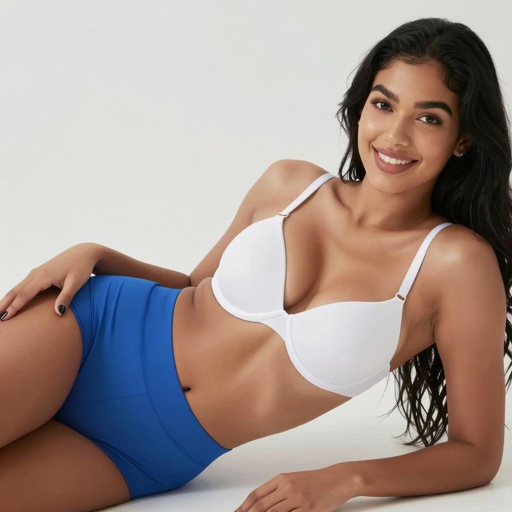 Confident Woman Wearing White Bra and Blue High-Waisted Underwear