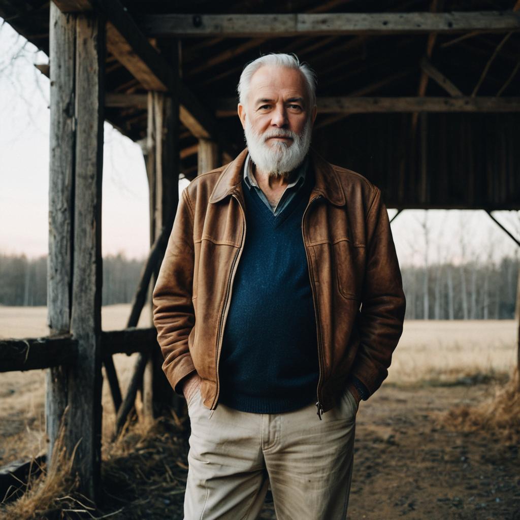 Portrait of Older Man in Leather Jacket Standing Outdoors by Rustic Barn