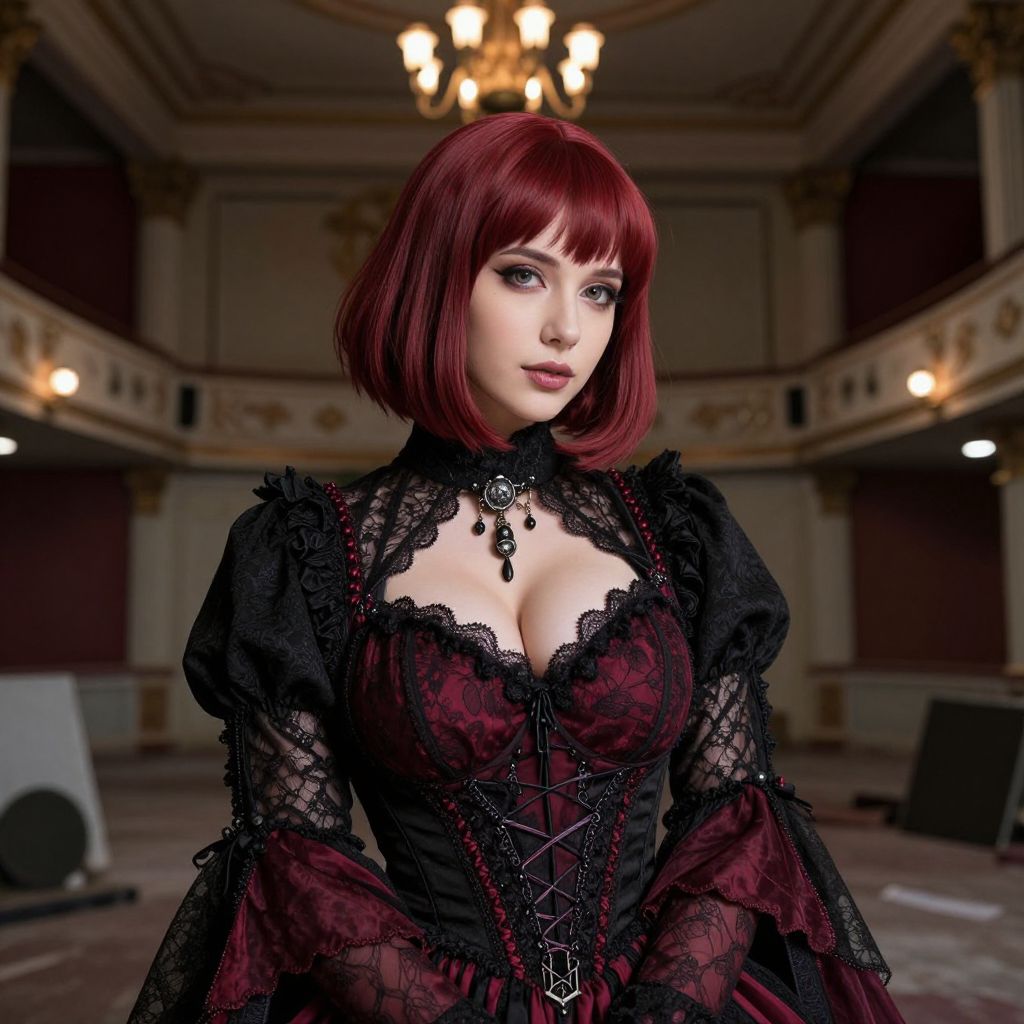 Vintage Gothic Woman in Red and Black Lace Corset Dress