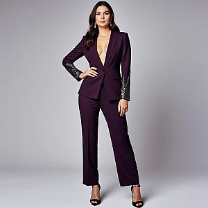 Elegant Woman in Deep Purple Sequined Sleeve Pantsuit