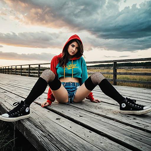 Young Woman in Streetwear Sitting on Wooden Boardwalk at Sunset