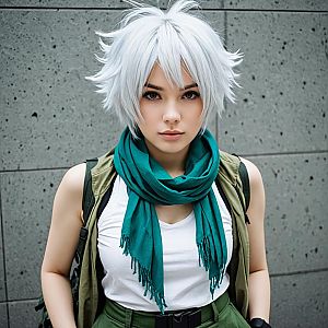 Woman with White Spiky Hair and Teal Scarf in Anime-Inspired Style