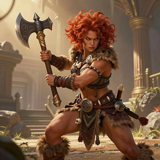 Red-Haired Tribal Warrior Woman with Battle Axe in Ancient Temple