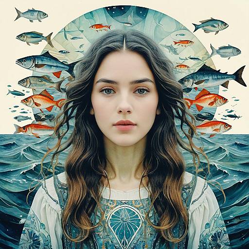 Surreal Portrait of Woman with Fish and Ocean Waves Artistic Illustration