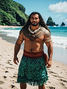 Photorealistic Man in Moana Costume on Tropical Beach