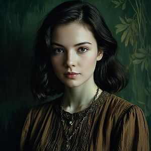 Elegant Vintage Portrait of Woman in Brown Antique Dress with Dark Wavy Hair