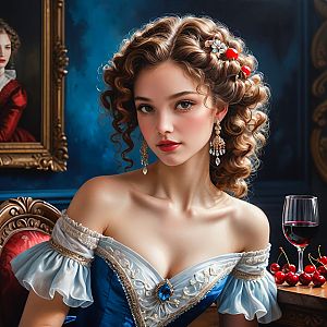 Elegant Young Woman in Historical Setting with Blue Gown