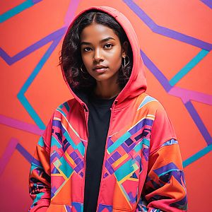 Young Woman in Colorful Hoodie Against Abstract Backdrop