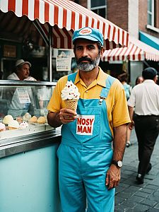 Man in Photorealistic Vintage Ice Cream Vendor Costume Holding Cone