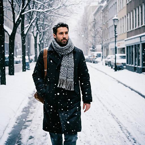 Man Walking Down Snowy City Street in Winter Coat and Scarf