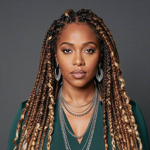 Confident Woman with Long Highlighted Box Braids Wearing Silver Jewelry