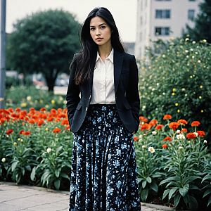 Confident Woman in Smart Casual Outfit in Vibrant Garden