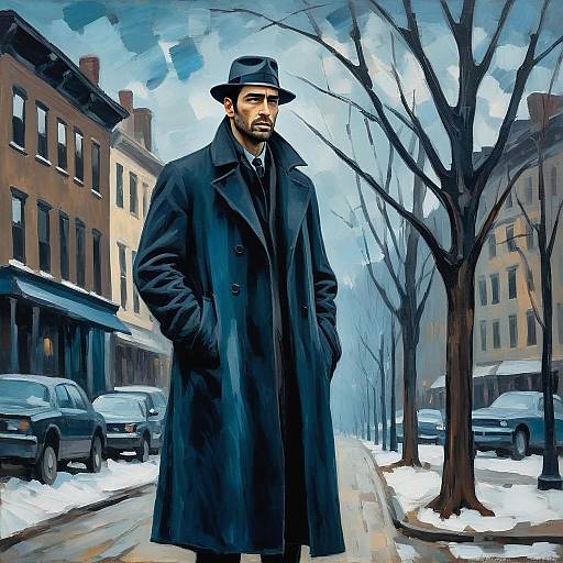 Noir Style Man in Blue Overcoat Standing on Snowy City Street