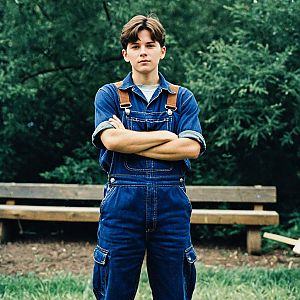 Confident Young Man in Denim Jumpsuit Outdoors