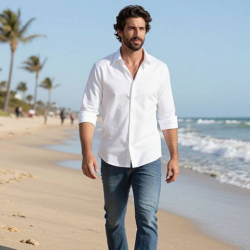 Man Walking on Sunny Beach in White Shirt and Jeans