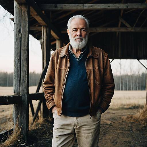 Portrait of Older Man in Leather Jacket Standing Outdoors by Rustic Barn