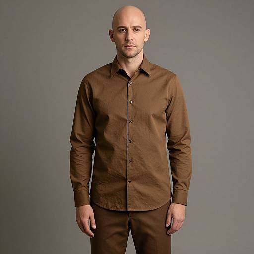 Bald Man Wearing Brown Shirt and Pants Against Gray Background