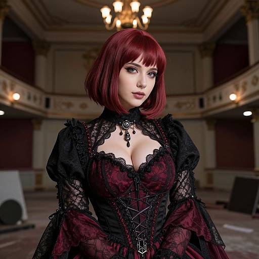 Vintage Gothic Woman in Red and Black Lace Corset Dress