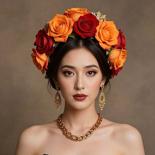 Elegant Woman Wearing Red and Orange Rose Floral Crown with Gold Jewelry