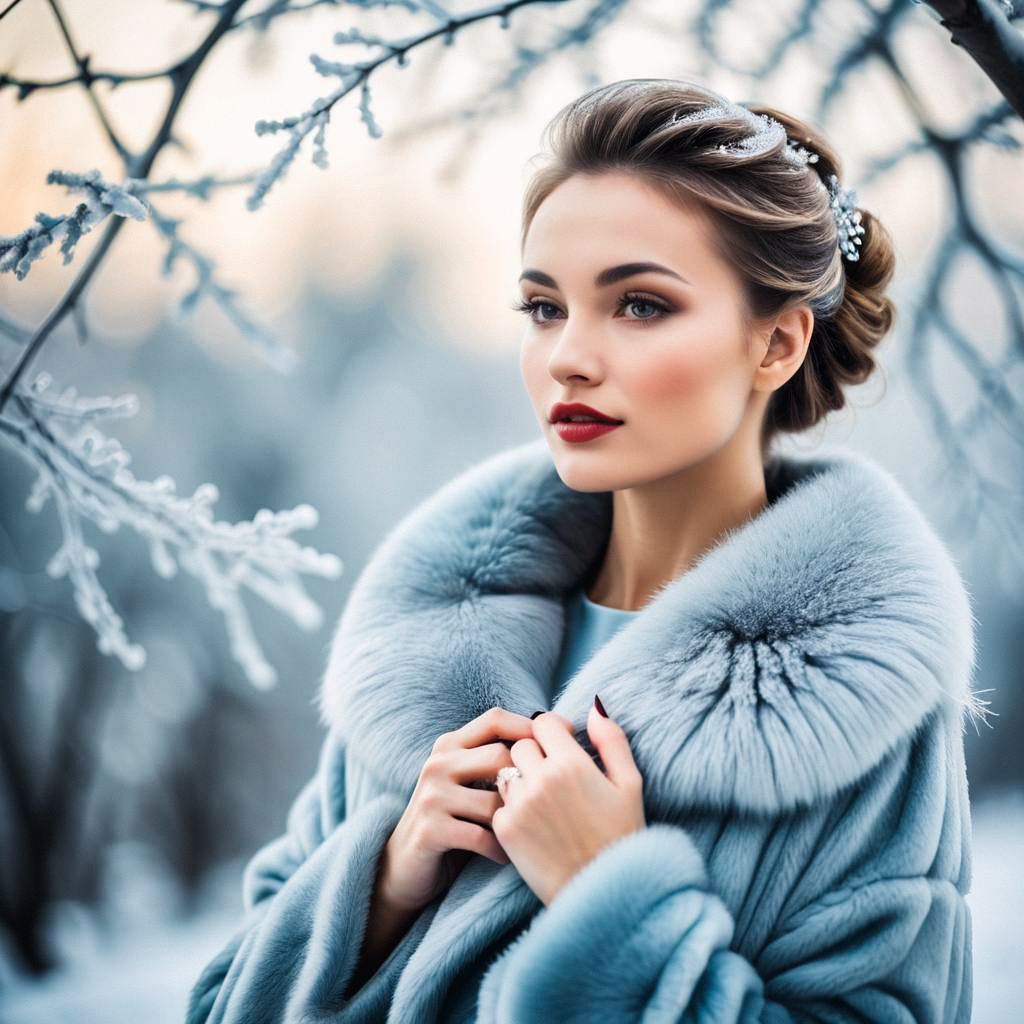 Elegant Woman in Blue Fur Coat in Winter Setting Elegant Woman in Blue Fur Coat in Winter Setting