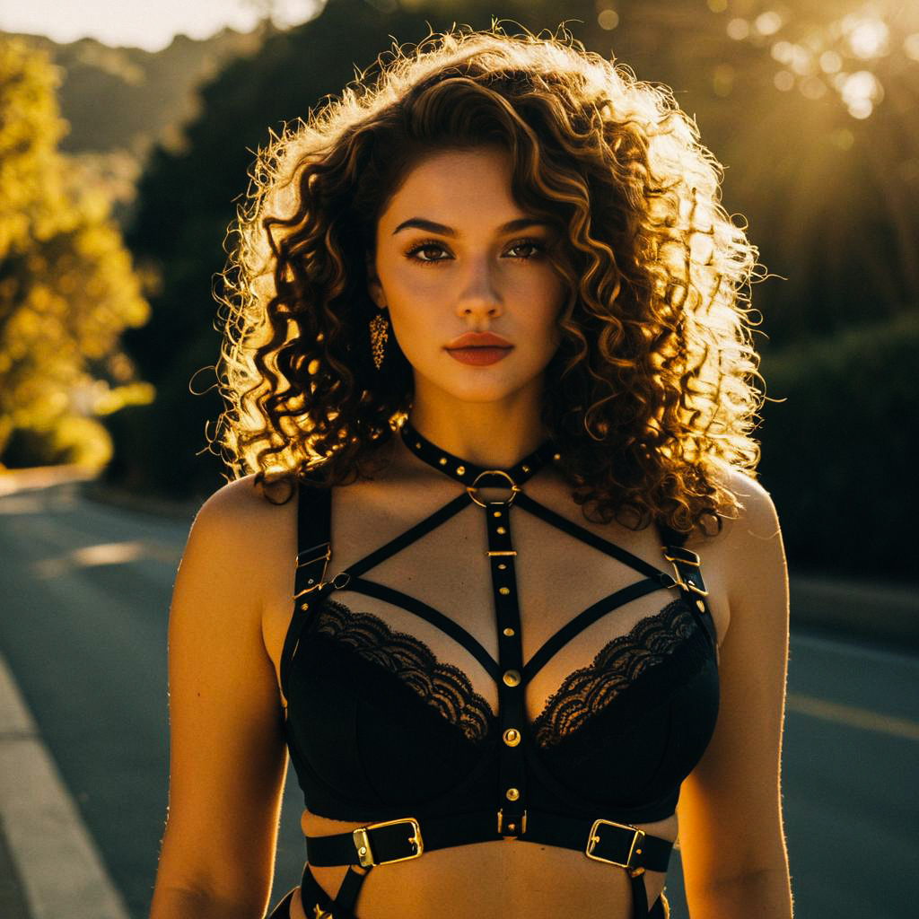 Confident Woman in Lace and Leather Harness