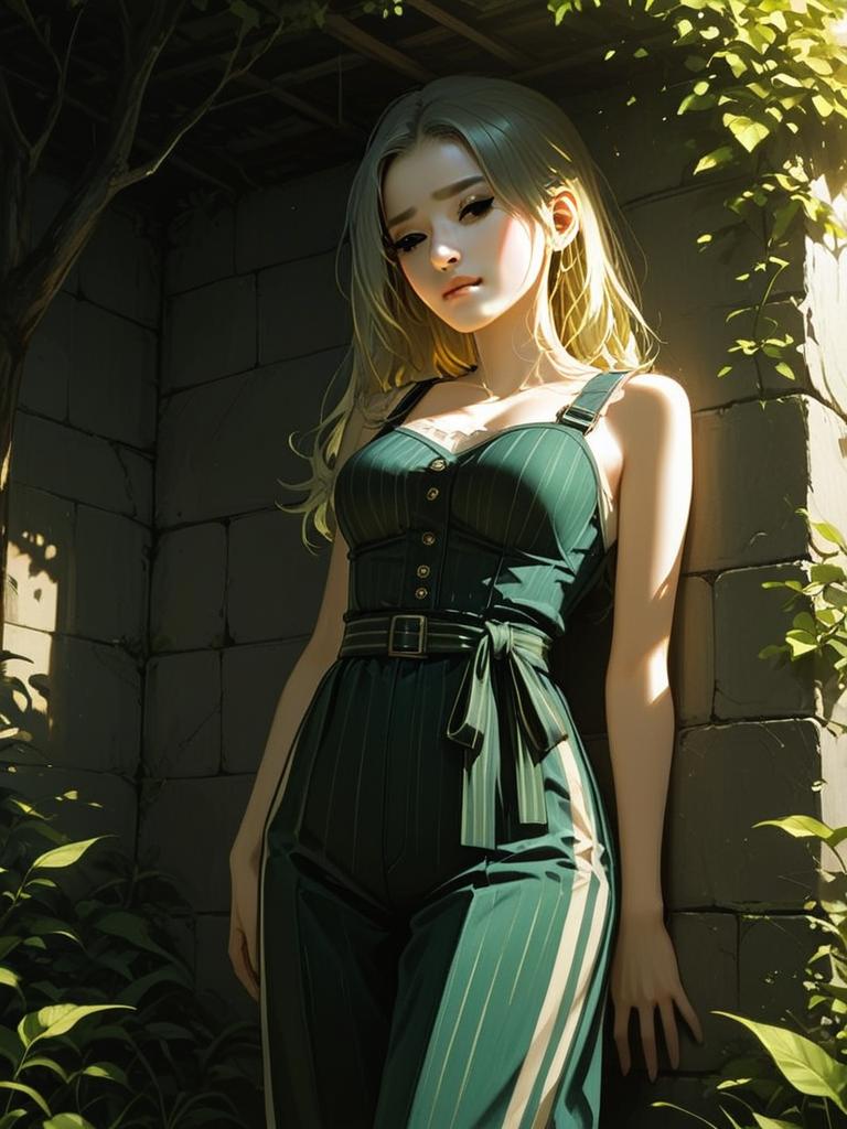 Stylish Woman in Dark Green Pinstripe Jumpsuit Digital Art Illustration