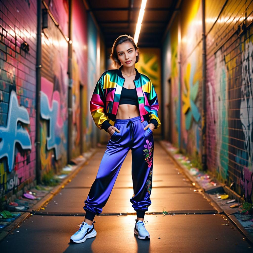 Stylish Young Woman in Colorful Tracksuit