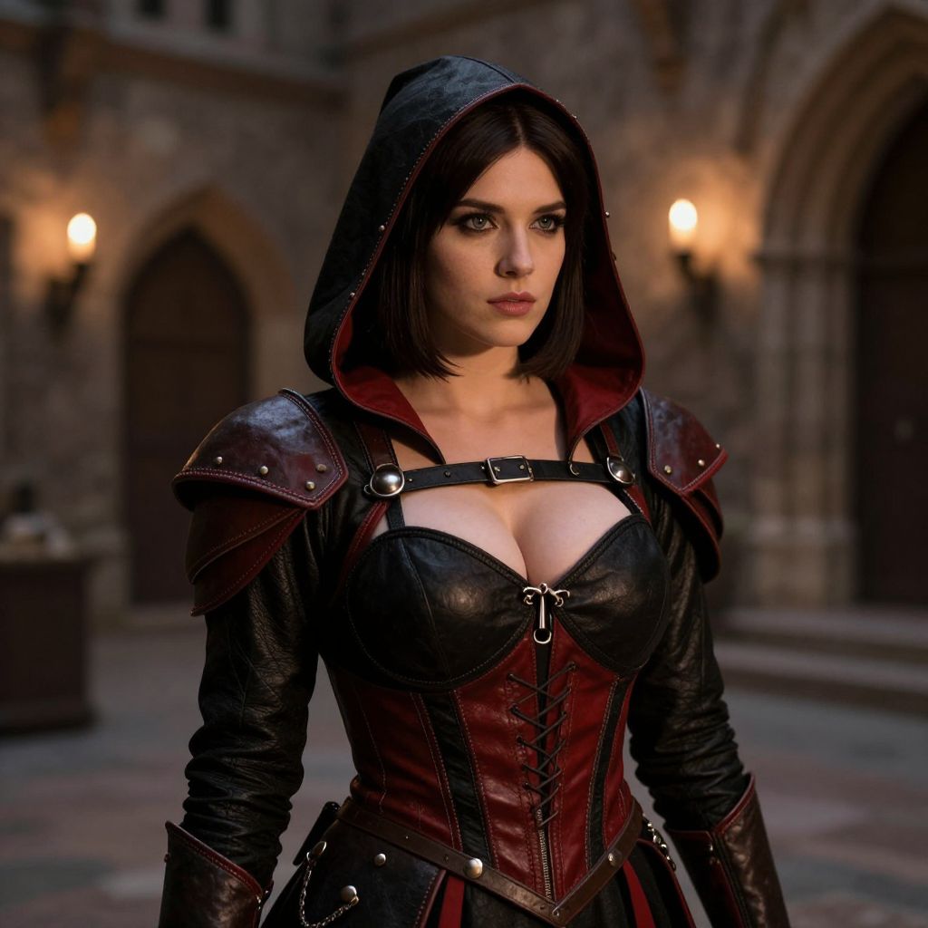 Woman in Detailed Medieval Leather Hooded Armor Costume