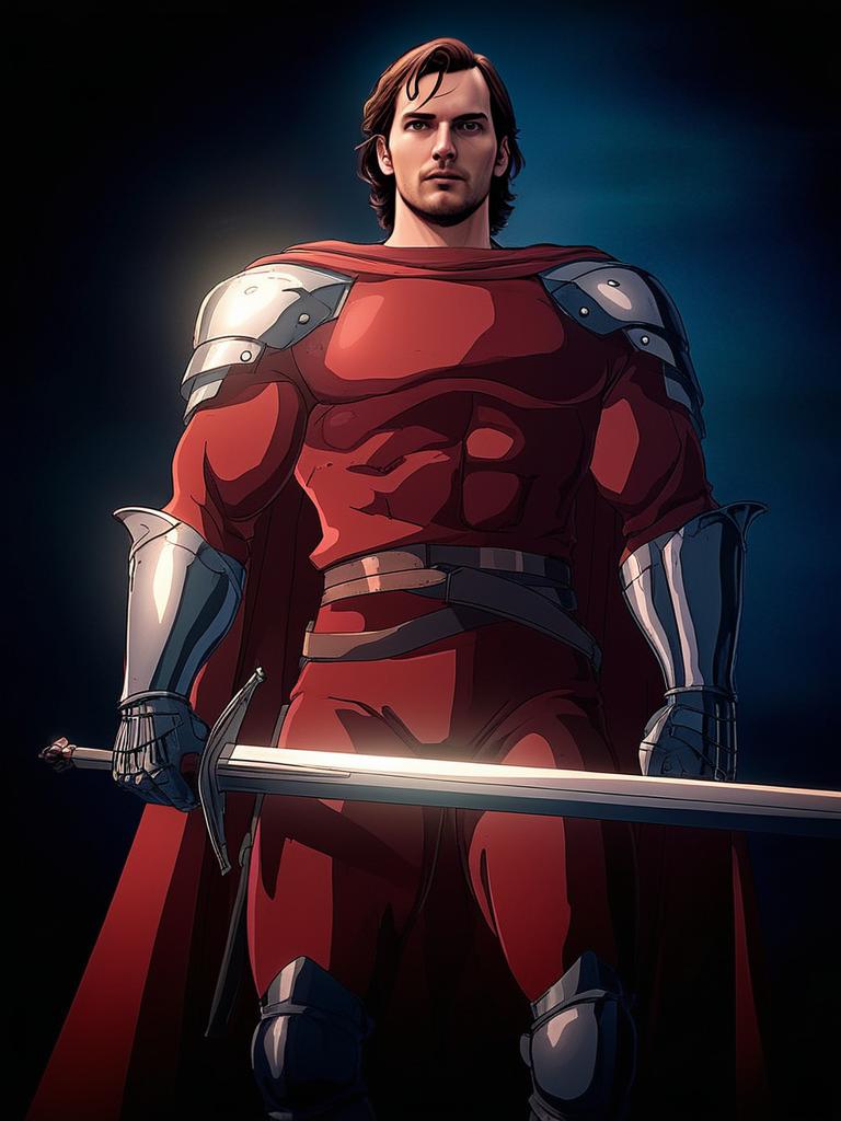 Heroic Man in Red Armor with Sword