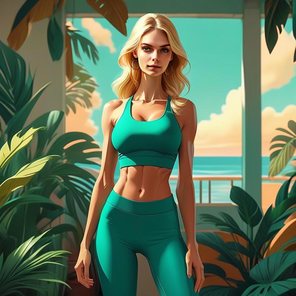 Fit Woman in Teal Activewear in Tropical Setting