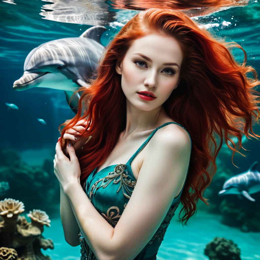 Underwater Portrait of a Woman with Red Hair and Dolphins