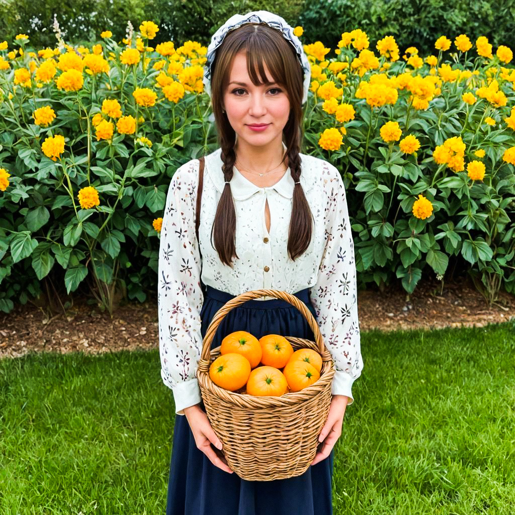 Young Woman with Braided Hair and Wicker Basket of Oranges in Yellow Flowers Young Woman with Braided Hair and Wicker Basket of Oranges in Yellow Flowers