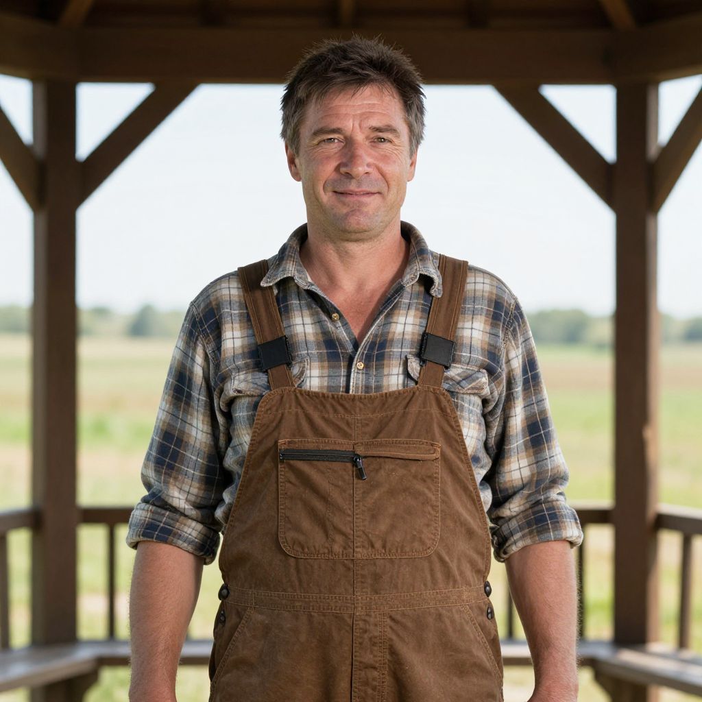 Middle-Aged Man in Plaid Shirt and Brown Overalls Outdoors