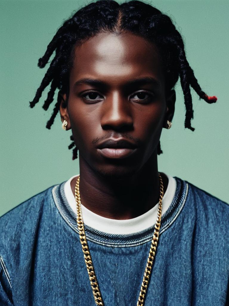 Young Man Wearing Trendy Denim and Gold Chain Urban Streetwear Fashion