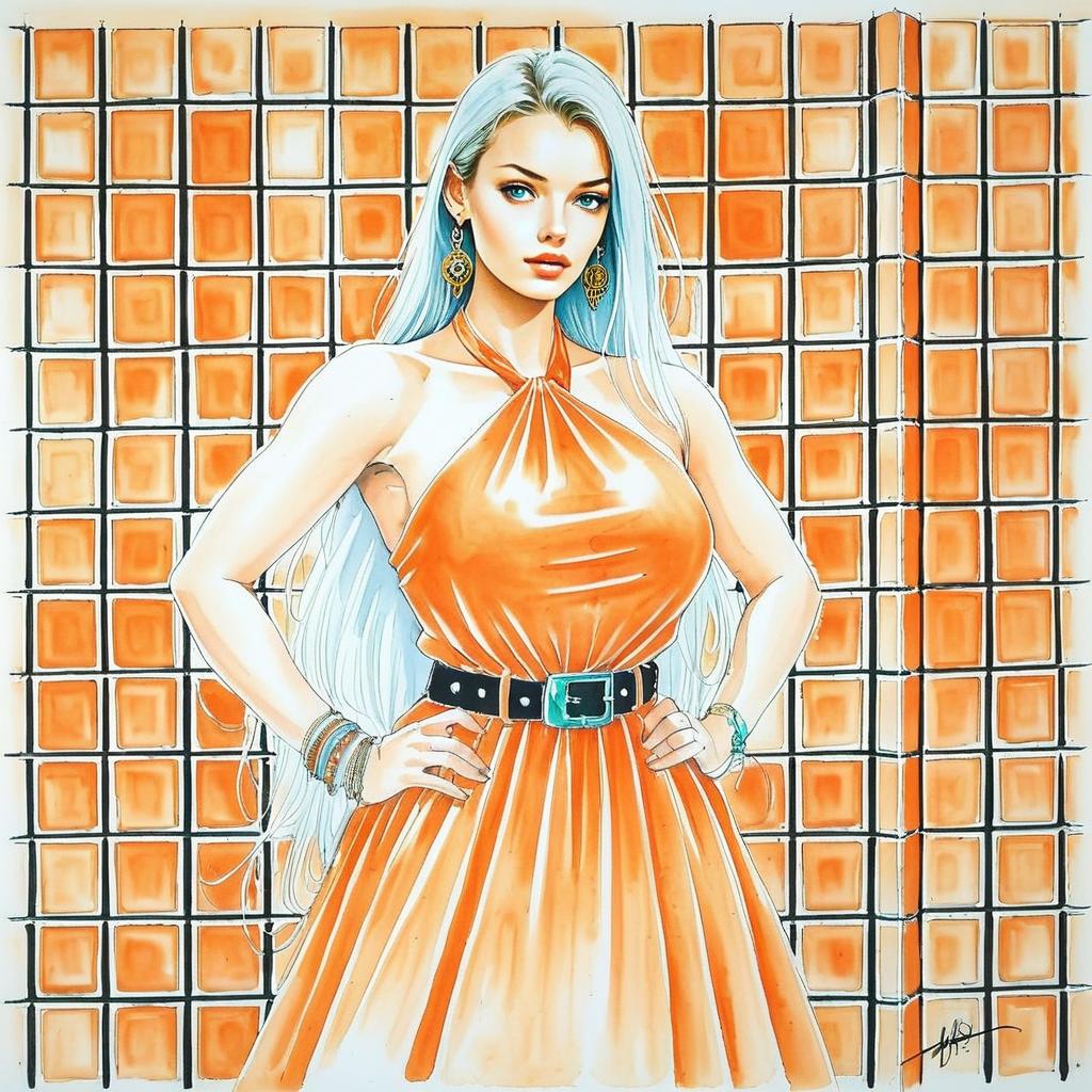 Confident Woman in Orange Halter Dress with Silver Hair Confident Woman in Orange Halter Dress with Silver Hair