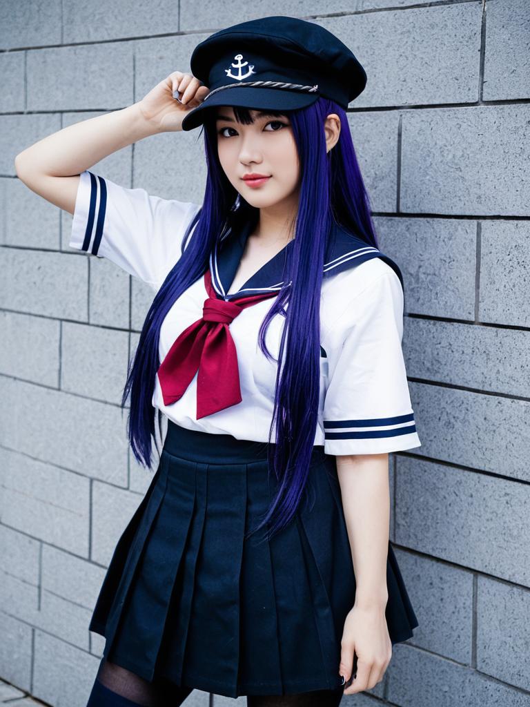 Akatsuki Kai Ni Kancolle Cosplay Woman in Sailor Uniform with Purple Hair