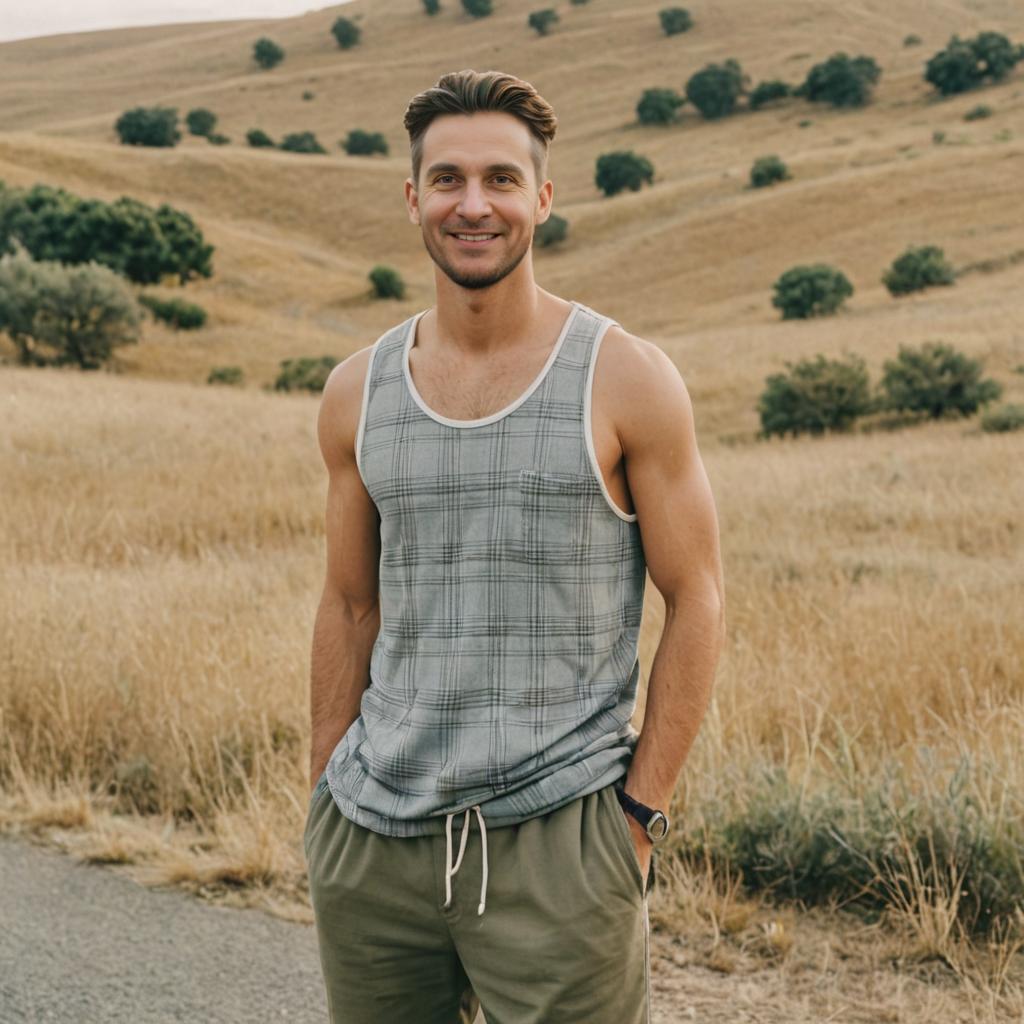 Cheerful man in summer attire in open field