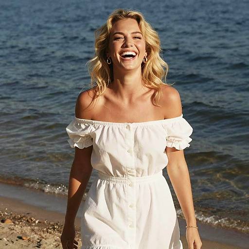 Happy Woman in White Dress on Beach by Water