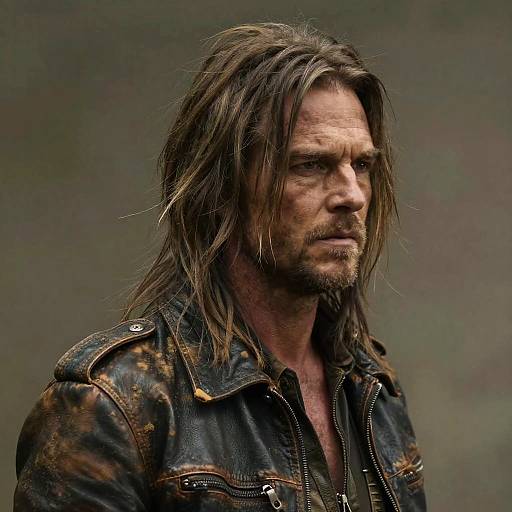 Rugged Man in Worn Leather Jacket with Long Hair