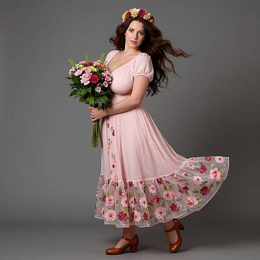 Woman in Pink Floral Dress with Flower Crown Holding Bouquet