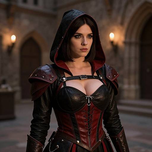 Woman in Detailed Medieval Leather Hooded Armor Costume