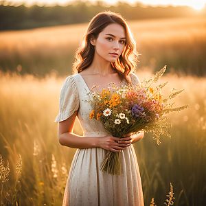 Young Woman in Sunlit Field with Wildflowers