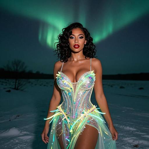 Woman in Glowing Futuristic Corset Dress Under Northern Lights