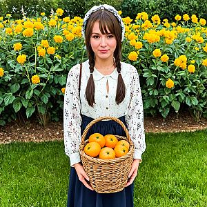 Young Woman with Braided Hair and Wicker Basket of Oranges in Yellow Flowers