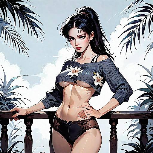 Stylized Anime Woman in Crop Sweater and Lace Underwear with Tropical Background